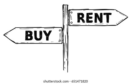 Vector cartoon doodle hand drawn crossroad wooden direction sign with two arrows pointing  left and right as rent or buy decision guide