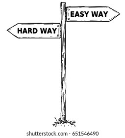 Vector cartoon doodle hand drawn crossroad wooden direction sign with two arrows pointing  left and right as easy or hard ways decision guide