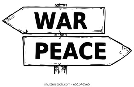 Vector cartoon doodle hand drawn crossroad wooden direction sign with two arrows pointing  left and right as war or peace decision guide