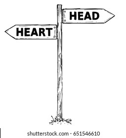Vector cartoon doodle hand drawn crossroad wooden direction sign with two arrows pointing  left and right as head or heart decision guide