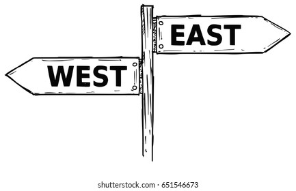 Vector cartoon doodle hand drawn crossroad wooden direction sign with two arrows pointing  left and right as west or east decision guide