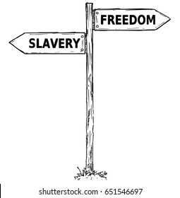 Vector cartoon doodle hand drawn crossroad wooden direction sign with two arrows pointing  left and right as freedom or slavery decision guide