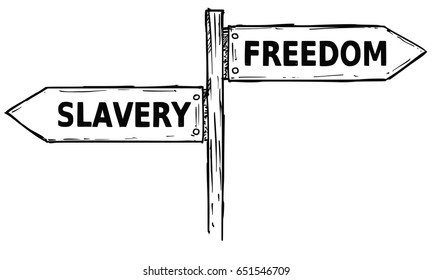 Vector cartoon doodle hand drawn crossroad wooden direction sign with two arrows pointing  left and right as freedom or slavery decision guide