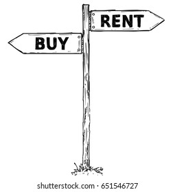 Vector cartoon doodle hand drawn crossroad wooden direction sign with two arrows pointing  left and right as rent or buy decision guide