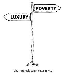 Vector cartoon doodle hand drawn crossroad wooden direction sign with two arrows pointing  left and right as poverty or luxury decision guide