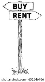 Vector cartoon doodle hand drawn crossroad wooden direction sign with two arrows pointing  left and right as rent or buy decision guide