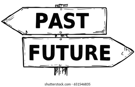 Vector cartoon doodle hand drawn crossroad wooden direction sign with two arrows pointing  left and right as past or future decision guide