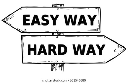 Vector cartoon doodle hand drawn crossroad wooden direction sign with two arrows pointing  left and right as easy or hard way decision guide