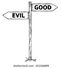Vector cartoon doodle hand drawn crossroad wooden direction sign with two arrows pointing  left and right as good or evil decision guide