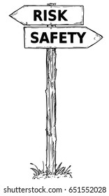 Vector cartoon doodle hand drawn crossroad wooden direction sign with two arrows pointing  left and right as risk or safety decision guide