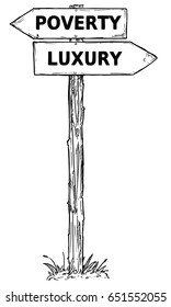 Vector cartoon doodle hand drawn crossroad wooden direction sign with two arrows pointing  left and right as poverty or luxury decision guide