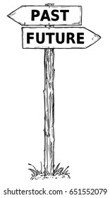 Vector cartoon doodle hand drawn crossroad wooden direction sign with two arrows pointing  left and right as past or future decision guide