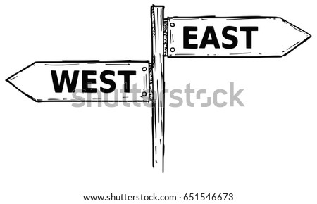Vector cartoon doodle hand drawn crossroad wooden direction sign with two arrows pointing  left and right as west or east decision guide