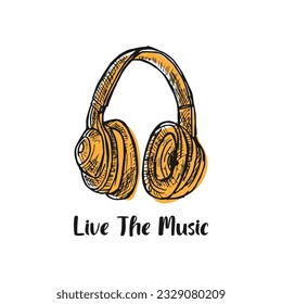 Vector cartoon doodle hand-drawn of headphone with orange fill color.