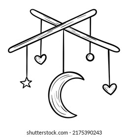 Vector cartoon doodle illustration of baby toy mobile with rattles isolated on white.
