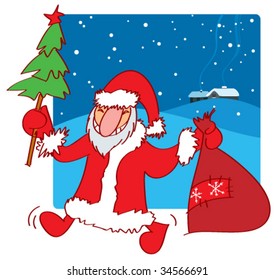 A vector cartoon doodle illustration of Santa Claus with pine and sack in the snow