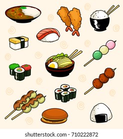 vector cartoon doodle japan traditional food ramen sushi roll dorayaki tamago dango rice curry ebi furai onigiri illustration
