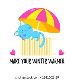 Vector cartoon doodle kitten sleeping on a battery under the umbrella. Template for print, design