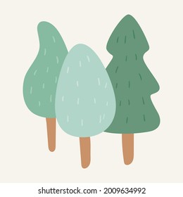 Dibujo vectorial del doodle de árboles, abetos y árboles con una corona ancha. Pegatinas de los niños del bosque al estilo escandinavo.