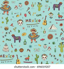 vector cartoon doodle seamless pattern with symbols of Mexico: skull, flowers, guitar, maracas,cactus. 