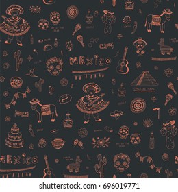 vector cartoon doodle seamless pattern with symbols of Mexico: skull, flowers, guitar, maracas,cactus. 