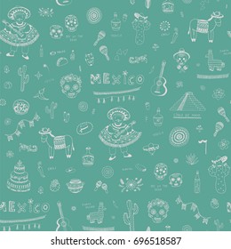 vector cartoon doodle seamless pattern with symbols of Mexico: skull, flowers, guitar, maracas,cactus. 