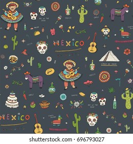 vector cartoon doodle seamless pattern with symbols of Mexico: skull, flowers, guitar, maracas,cactus. 