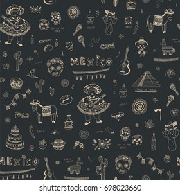 vector cartoon doodle seamless pattern with symbols of Mexico: skull, flowers, guitar, maracas,cactus. 