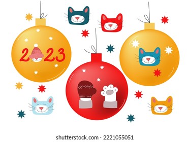 Vector cartoon doodle set of christmas ball with cute cats . New year greeting cards. meowy catmas. Funny  pets with holiday hats and presents.