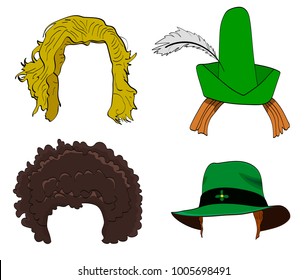 Vector cartoon doodle set of wigs with hats, afro wig on a white background. svg