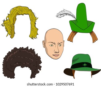Vector Cartoon Doodle Set Of Wigs With Green Hats,  Sandy Hairs And Afro Wig On A White Background. The Image Contains Bold Human Head For Wig Fitting.