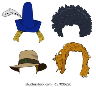 Vector cartoon doodle set of wigs with hats, afro wig on a white background.