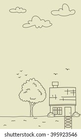 vector cartoon doodle small house with tree and cloud background