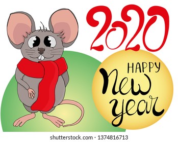 Vector of cartoon doodle white cute rat in warm red scarf. Congratulatory inscription lettering of a happy new year 2020.