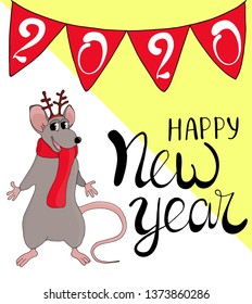 Vector of cartoon doodle white funny cute rat with deer horns in warm red scarf. Congratulatory inscription lettering of a happy new year. Garland checkboxes with numbers 2020.