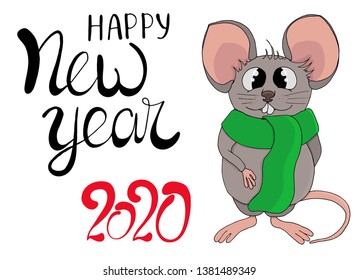 Vector of cartoon doodle white funny cute rat in warm green scarf. Congratulatory inscription lettering of a happy new year 2020.