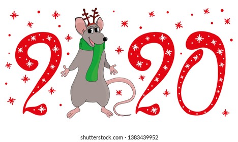 Vector of cartoon doodle white funny cute rat with deer horns in warm green scarf. Congratulatory inscription lettering of a happy new year 2020.