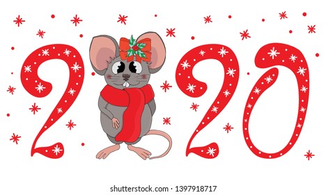 Vector of cartoon doodle white funny cute rat girl with poinsettia bow in warm red scarf. Red inscription lettering  2020.