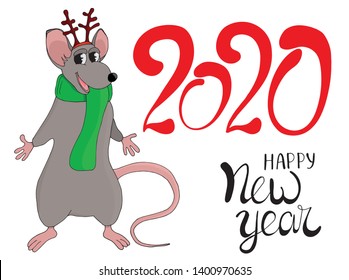 Vector of cartoon doodle white funny cute rat with deer horns in warm green scarf. Congratulatory inscription lettering of a happy new year 2020.