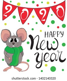 Vector of cartoon doodle white funny cute rat in warm red scarf. Congratulatory inscription lettering of a happy new year. Garland checkboxes with numbers 2020.