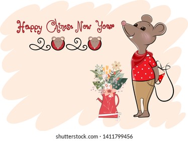 Vector of cartoon doodle white funny cute mouse with long tail carrying gift box with flowers pot, Year of rat, Lettering of happy Chinese new year 2020. Vector template for Greeting card or Banner