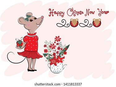 Vector of cartoon doodle white funny cute mouse with long tail carrying gift box with flowers pot, Year of rat, Lettering of happy Chinese new year 2020. Vector template for Greeting card or Banner