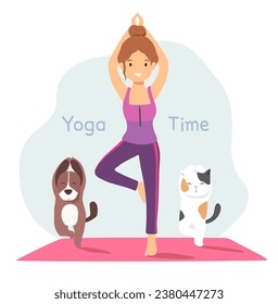 Vector cartoon doodle of woman doing yoga with her cat and dog.