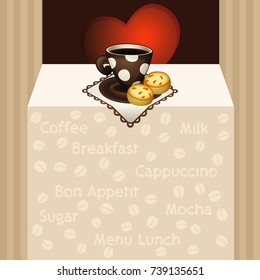 Vector cartoon dotted pattern cup of coffee on napkin with lace. Coffee cup with small cookie on the table with heart on the back wall