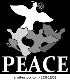 Vector cartoon of a dove holding an olive leaf wreath leading a flock of flying bird for the concept of peace.