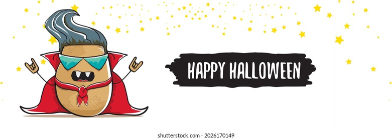 vector cartoon dracula potato with fangs and red cape isolated on white background. happy halloween horizontal banner background . Funny cute  vampire monster vegetable funky character