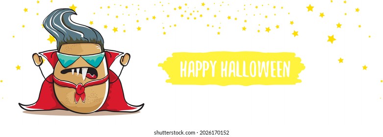 vector cartoon dracula potato with fangs and red cape isolated on white background. happy halloween horizontal banner background . Funny cute  vampire monster vegetable funky character