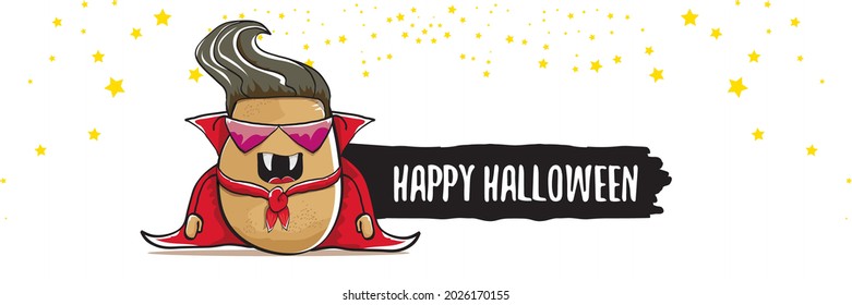 vector cartoon dracula potato with fangs and red cape isolated on white background. happy halloween horizontal banner background . Funny cute  vampire monster vegetable funky character