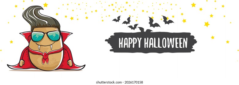 vector cartoon dracula potato with fangs and red cape isolated on white background. happy halloween horizontal banner background . Funny cute  vampire monster vegetable funky character