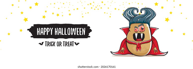 vector cartoon dracula potato with fangs and red cape isolated on white background. happy halloween horizontal banner background . Funny cute  vampire monster vegetable funky character